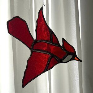 Red Cardinal Stained Glass Artist Made Bird Nature Hanging Ornament Authentic